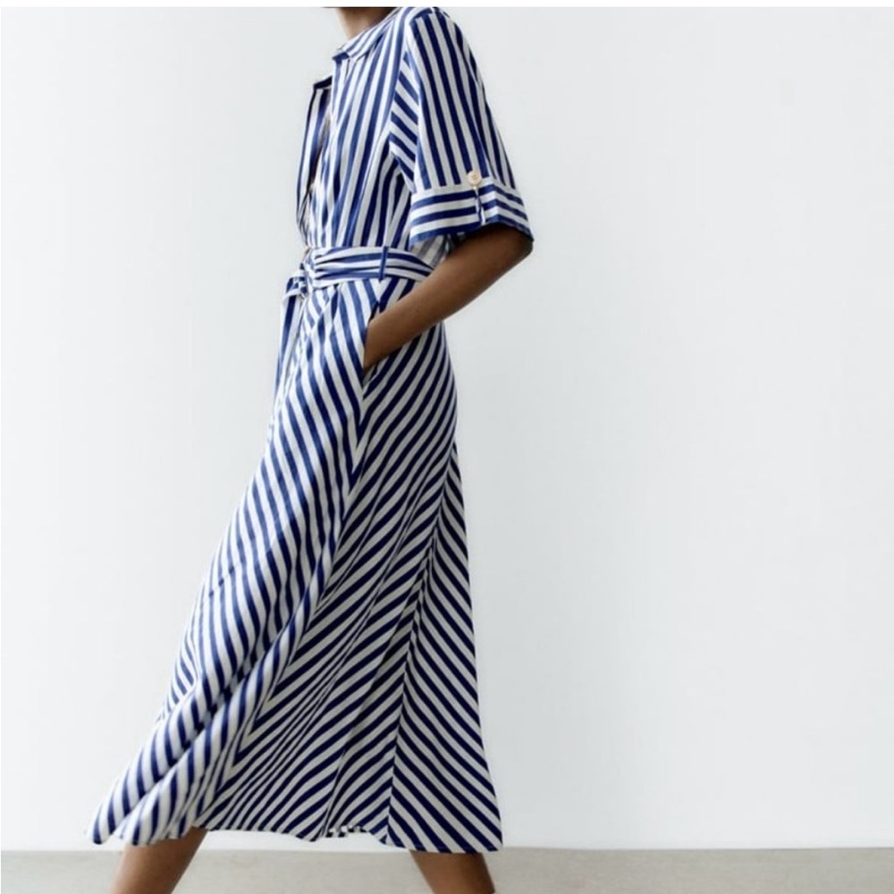 Zara Blue and White Striped Midi Dress - Picture 6 of 10